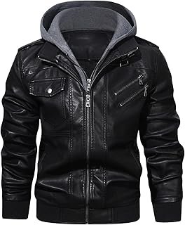 HOOD CREW Men’s Casual Stand Collar PU Faux Leather Zip-Up Motorcycle Bomber Jacket With a Removable Hood